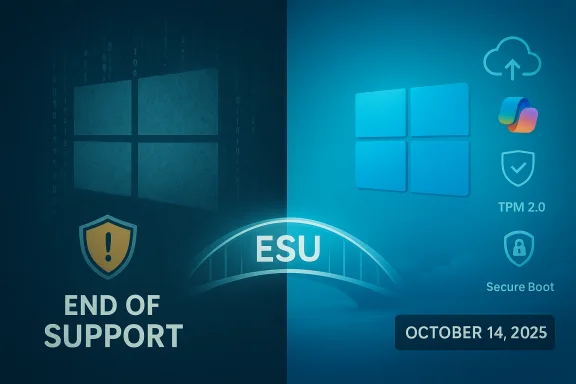 Split-screen image: Windows End of Support on the left; ESU and Oct 14, 2025 on the right. Split-screen image: Windows End of Support on the left; ESU and Oct 14, 2025 on the right.