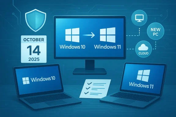 Blue tech illustration showing Windows 10 upgrading to Windows 11 across multiple devices.