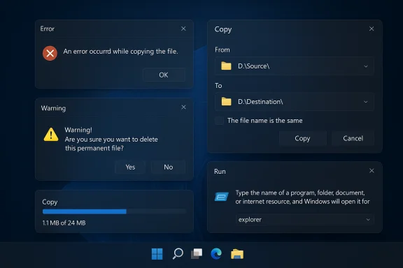 Several translucent Windows 11 dialogs (Error, Warning, Copy, Run) float over a dark desktop.