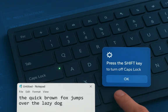 Laptop keyboard with a Caps Lock reminder pop-up and Notepad text: 'the quick brown fox jumps over the lazy dog.'