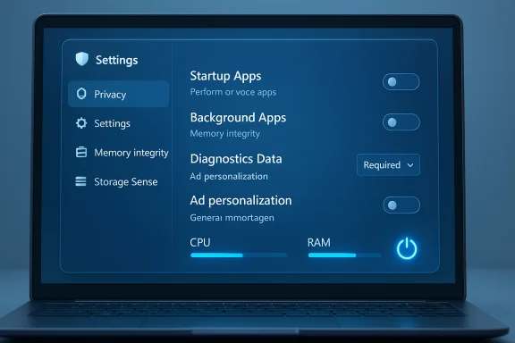Laptop screen displays a blue futuristic Settings panel with Privacy and performance gauges. Laptop screen displays a blue futuristic Settings panel with Privacy and performance gauges.