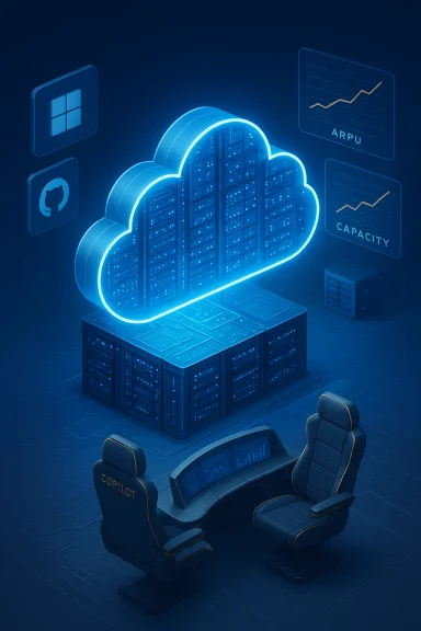 A futuristic cloud data center featuring a glowing holographic cloud and cockpit-style control desk.