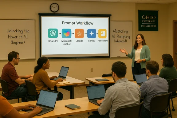 Instructor explains AI prompt workflow to students in an Ohio University classroom.