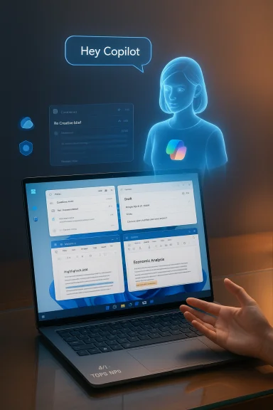 A translucent holographic assistant greets “Hey Copilot” above a laptop with multiple app windows.