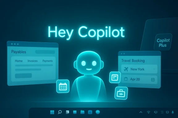 Glowing blue AI assistant with “Hey Copilot” greeting and floating app windows.