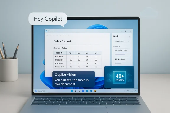 Laptop screen shows a sales report with a 'Hey Copilot' chat bubble.