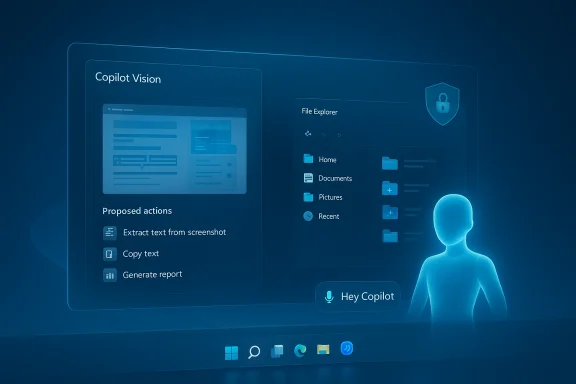 Blue holographic UI labeled 'Copilot Vision' shows file explorer panels, actions, and a glowing 3D figure.