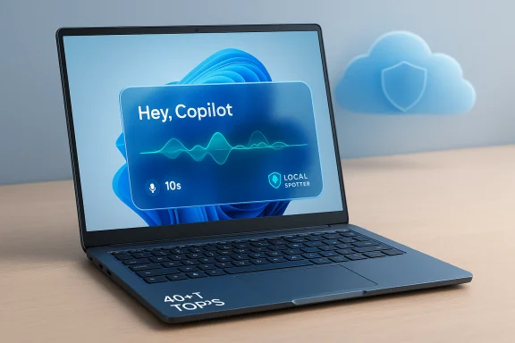 Laptop screen displays a “Hey, Copilot” AI assistant card with a blue cloud background.