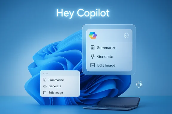 Hey Copilot: floating UI panels show Summarize, Generate, and Edit Image over a blue abstract scene.