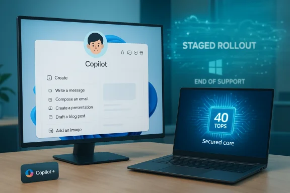 Copilot UI on a monitor beside a laptop showing 40 TOPS secured core.