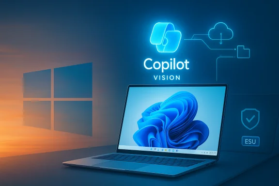 A laptop on a desk glows with Copilot Vision neon, Windows logo on the wall.