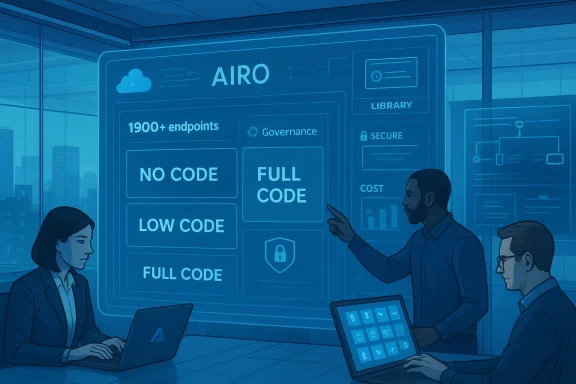 A team discusses a holographic AIRO dashboard showing no-code to full-code options.