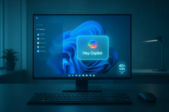 Sleek desktop setup with a monitor showing a Hey Copilot card on a Windows-like UI.
