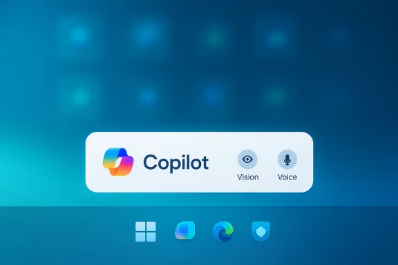 Copilot panel with Vision and Voice icons on a blue gradient background.