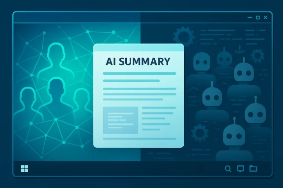 Blue digital interface shows an AI summary document over a network of humans and robots. Blue digital interface shows an AI summary document over a network of humans and robots.