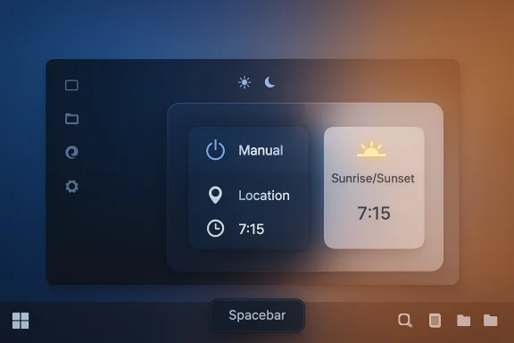 Futuristic UI panel with Manual, Location, and Sunrise/Sunset time controls.
