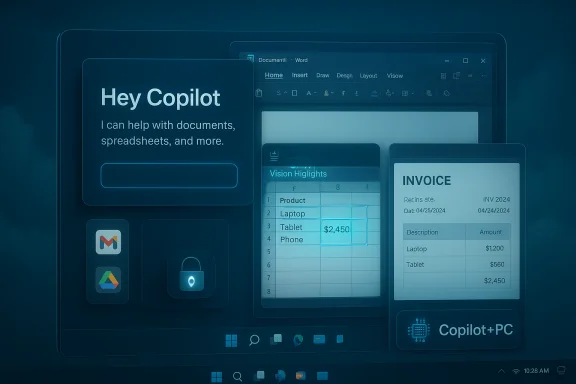 A blue-tinted UI collage showing Copilot prompts, a spreadsheet, and an invoice on Windows.