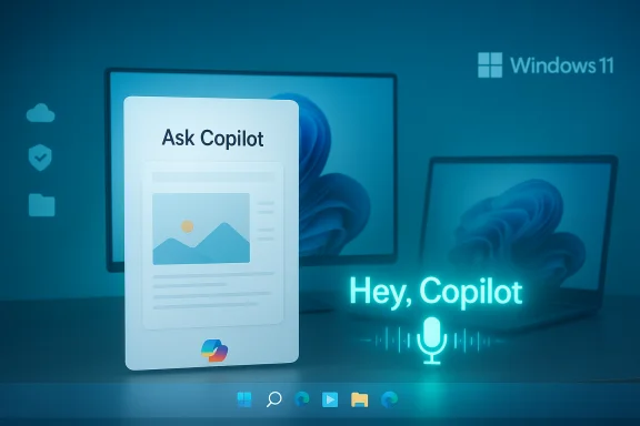 Windows 11 concept: an Ask Copilot card with a glowing Hey Copilot mic in blue.