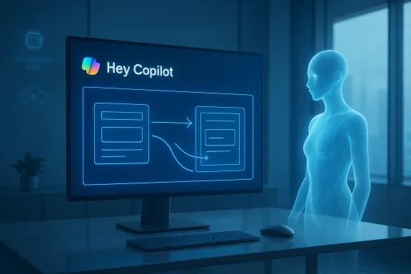 A translucent blue holographic figure watches a monitor displaying Hey Copilot with a flowchart.