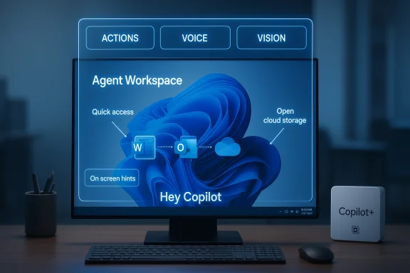 Futuristic AI assistant UI on a monitor showing Agent Workspace with Copilot+ on the desk.