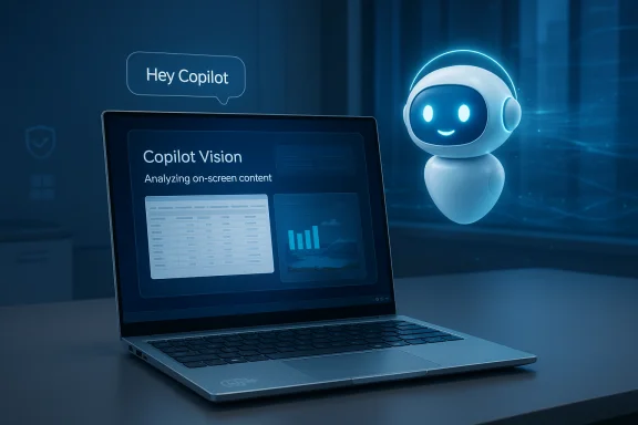 An AI robot floats beside a laptop, greeting 'Hey Copilot' as it analyzes on-screen content.
