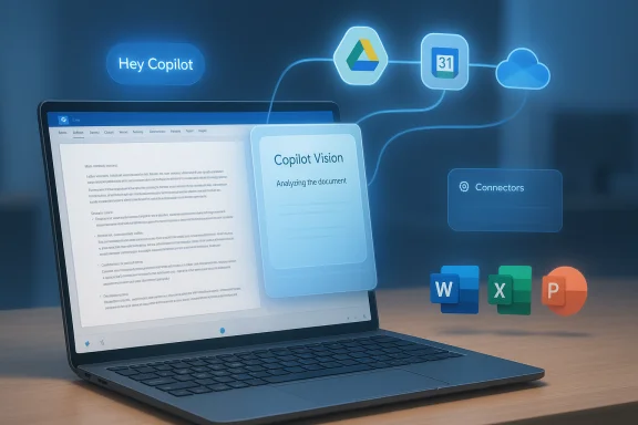 Laptop shows Copilot Vision analyzing a document, connected to Drive, Calendar and cloud services.