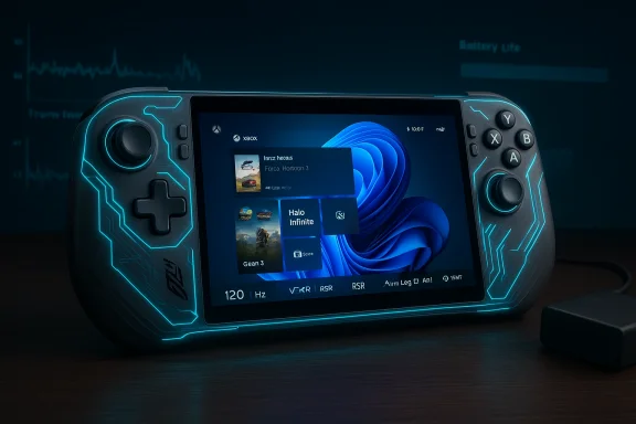 Futuristic handheld gaming console with glowing cyan circuitry and a Windows-style home screen.