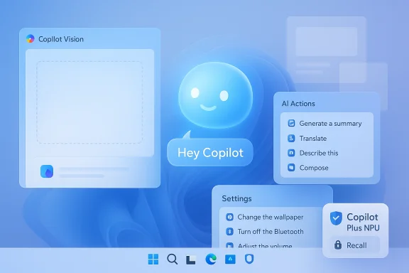 A blue Copilot AI assistant amid floating UI cards showing actions and settings.