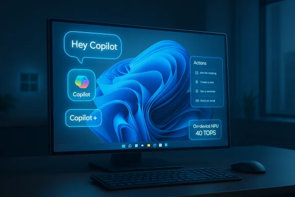 A neon-blue Windows Copilot UI displayed on a desktop monitor.
