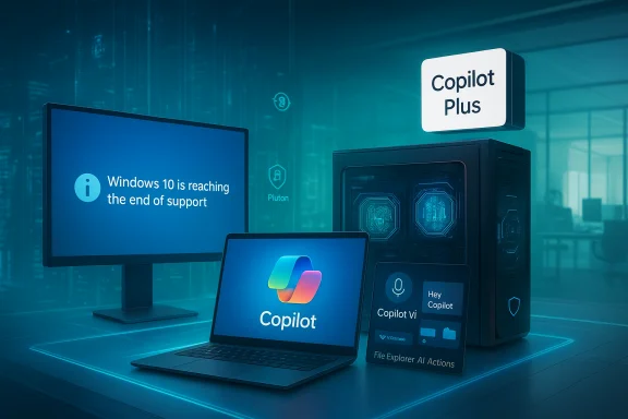 Windows 10 end-of-support alert sits beside Copilot Plus branding in a high-tech workstation.