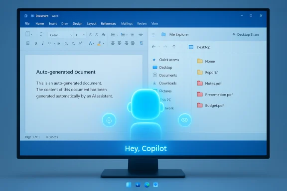 Blue-tinted monitor showing a Word document with an AI Copilot hologram and 'Hey, Copilot' prompt.
