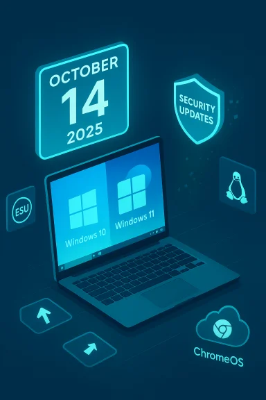 Neon laptop displays Windows 10 and Windows 11 with security updates and a ChromeOS icon.
