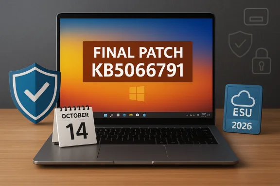 Laptop screen displays 'Final Patch KB5066791' with a security shield and an October 14 calendar.