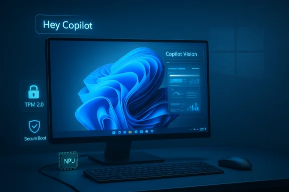 Blue, futuristic computer setup with Copilot Vision UI and security icons like TPM 2.0 and Secure Boot.