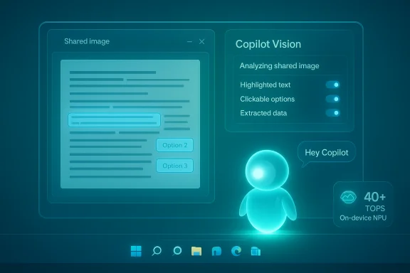 Futuristic teal UI displays Copilot Vision analyzing a shared image with options.