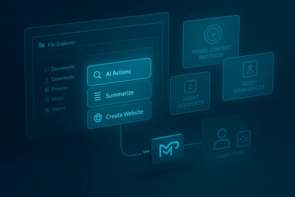 A blue holographic UI showing AI actions, summarize, create website, and agent workspace panels.