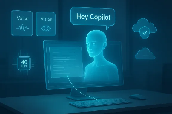 A holographic AI assistant on a monitor greets “Hey Copilot” with icons for voice, vision, and cloud.
