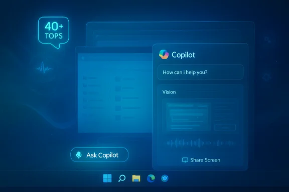 Blue, futuristic UI showing Copilot chat, 'Ask Copilot' button, and a 40+ TOPS badge.
