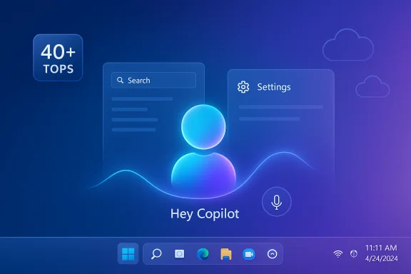Futuristic AI assistant interface with Hey Copilot prompt, search, settings, and a 40+ Tops badge.