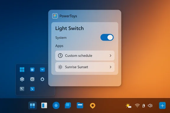 PowerToys Light Switch settings card floating over a blue-to-orange gradient desktop.