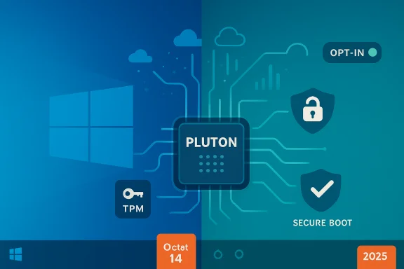 Windows-inspired tech illustration centered on a PLUTON chip with Secure Boot and security icons. Windows-inspired tech illustration centered on a PLUTON chip with Secure Boot and security icons.