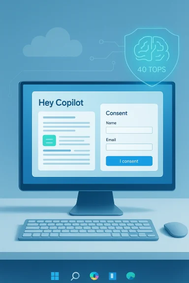 A computer monitor displays a consent form titled “Hey Copilot” with name and email fields.
