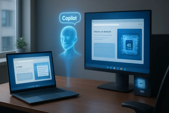 A glowing blue holographic AI head labeled 'Copilot' hovers beside a laptop and large monitor.