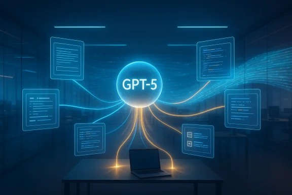 A glowing GPT-5 sphere links floating code panels around a laptop in a futuristic data lab.