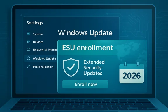 A laptop screen shows Windows Update with an ESU enrollment banner for Extended Security Updates.