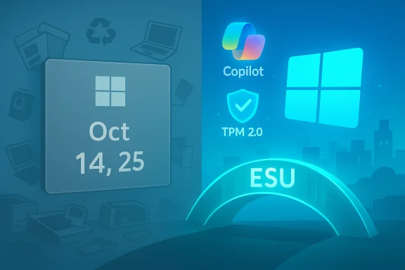 Blue tech banner featuring Windows Copilot, TPM 2.0, and ESU with Oct 14–25.
