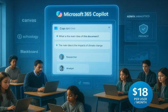 Classroom of students using Microsoft 365 Copilot on laptops, with an $18 per user/month price tag.
