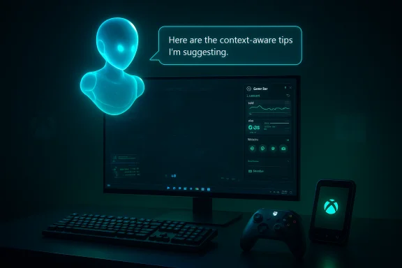 A glowing teal holographic assistant hovers beside a dark gaming setup, delivering context-aware tips.