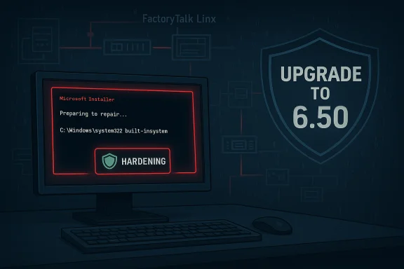 PC monitor shows 'Hardening' during repair while an 'Upgrade to 6.50' shield looms in the background.
