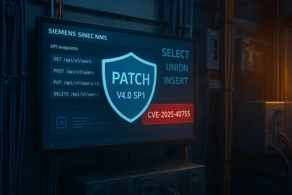 Siemens SINEC NMS dashboard showing PATCH V4.0 SP1 for CVE-2025-40755.